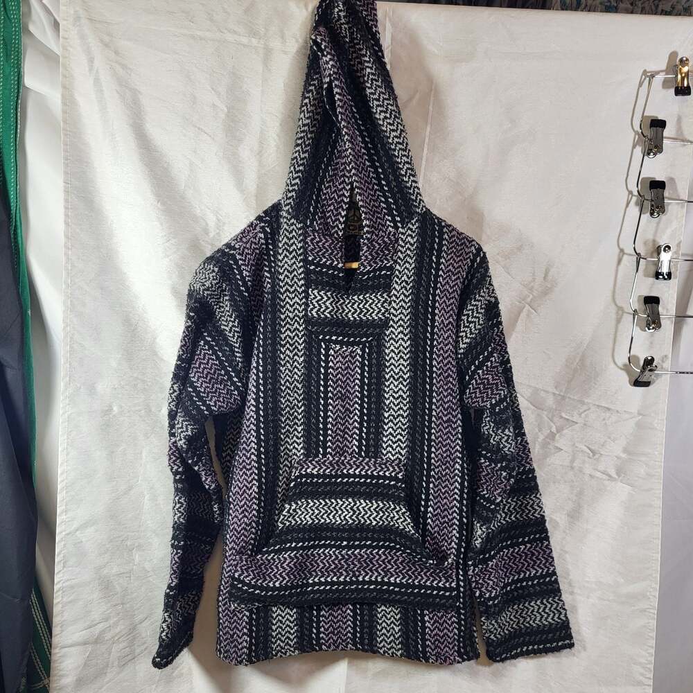 Baja Joe Classic Mexican Woven Baja Hoodie - Black, White, and Purple
Size M